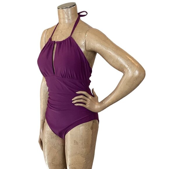 One-Piece Halter Neck Ruched Swimsuit Sz L Plum-Purple 254D - Picture 3 of 6